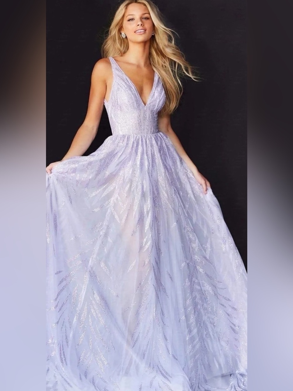 Jovani Gown - Glimmering Glitter V-Neck A-Line Long Gown in Lavender Lilac